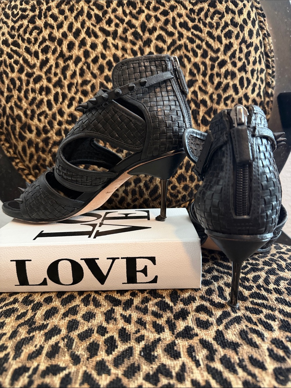 BCBGMaxAzria Black Woven Leather Peep-Toe Stiletto Sandals with Back Zip